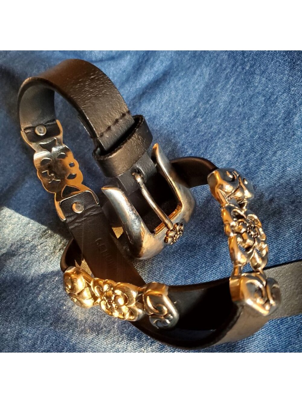 Vtg EUC Brighton Western Women Black Leather Belt SILVER Floral Scroll Fit 30-34